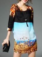 Romwe Multicolor Tie Neck Print Shift Dress