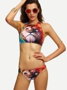 Romwe Multicolor Lion Print High Neck Bikini Set