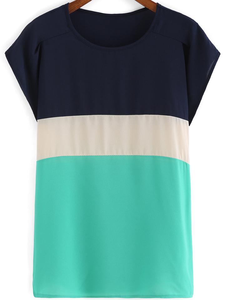 Romwe Colour-block Round Neck Loose T-shirt