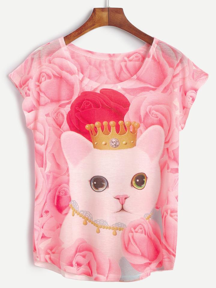 Romwe Pink Floral And Cat Print T-shirt