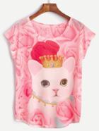 Romwe Pink Floral And Cat Print T-shirt