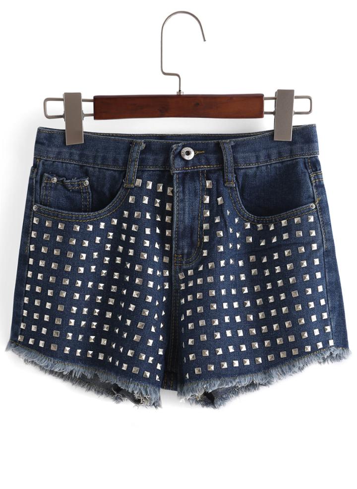 Romwe With Rivet Fringe Denim Blue Shorts