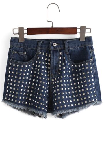 Romwe With Rivet Fringe Denim Blue Shorts