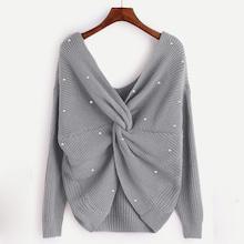Romwe Pearl Beading Twist Infinity Sweater