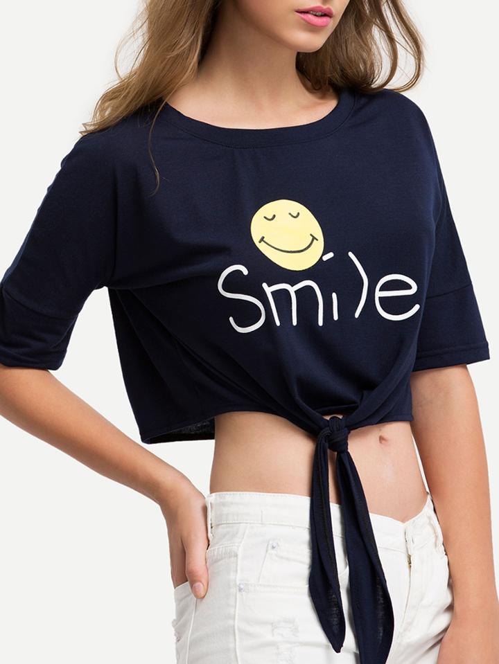 Romwe Front-tie Printed Crop T-shirt