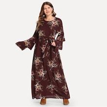 Romwe Plus Floral Print Self Tie Waist Dress