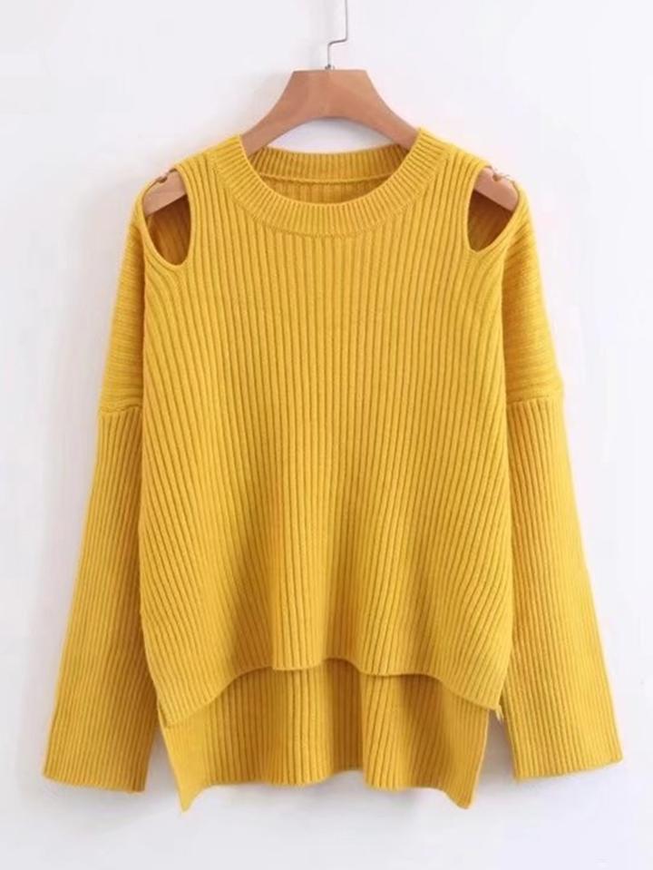 Romwe Cutout Detail Dip Hem Ribbed Knitwear