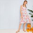Romwe Floral Print Button Front Shirred Cami Dress