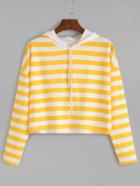 Romwe Yellow Striped Drop Shoulder Drawstring Hooded Sweatshirt