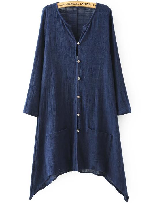 Romwe Navy Assymetrical Colarless Pocket Shirt Dress