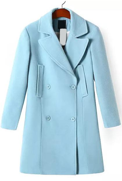 Romwe Blue Lapel Double Breasted Woolen Coat