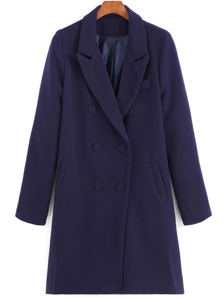 Romwe Lapel Double Breasted Edge Pockets Blue Coat