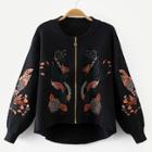 Romwe Embroidery Zipper Up High Low Sweater Coat
