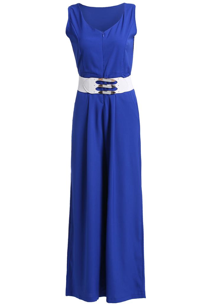 Romwe Sleeveless With Belt Zipper Wide Leg Jumpsuit