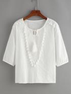 Romwe Lace Up Fringe White Shirt