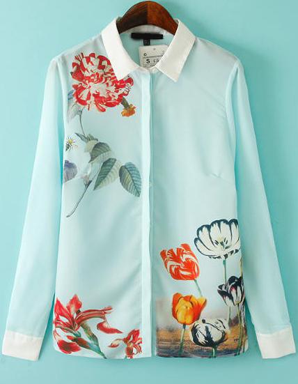 Romwe Floral Print Blue Blouse