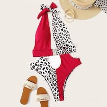 Romwe Leopard Cut-out Buckle Halter Monokini