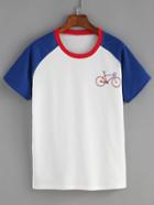 Romwe Bicyle Print Contrast Raglan Sleeve Blue T-shirt