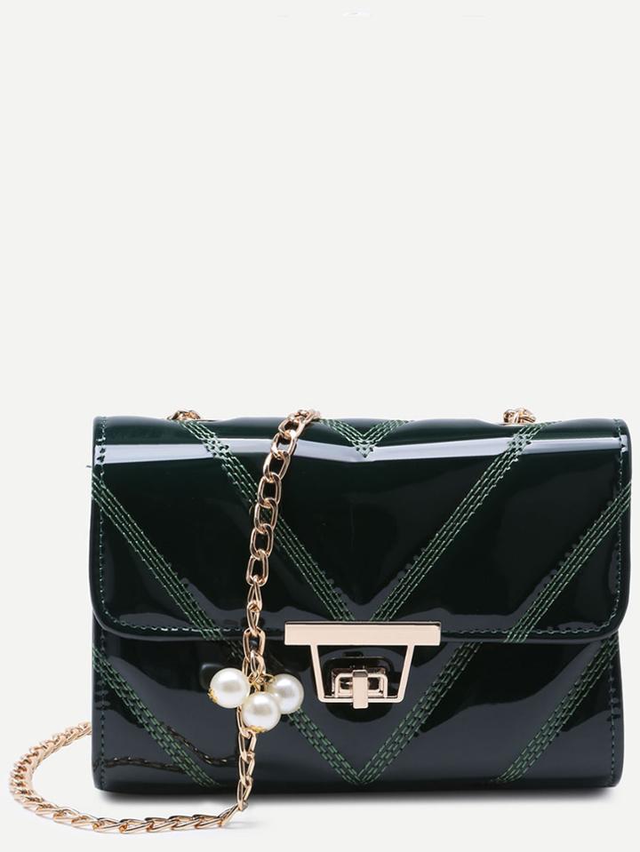 Romwe Dark Green Chevron Stitch Chain Strap Flap Bag