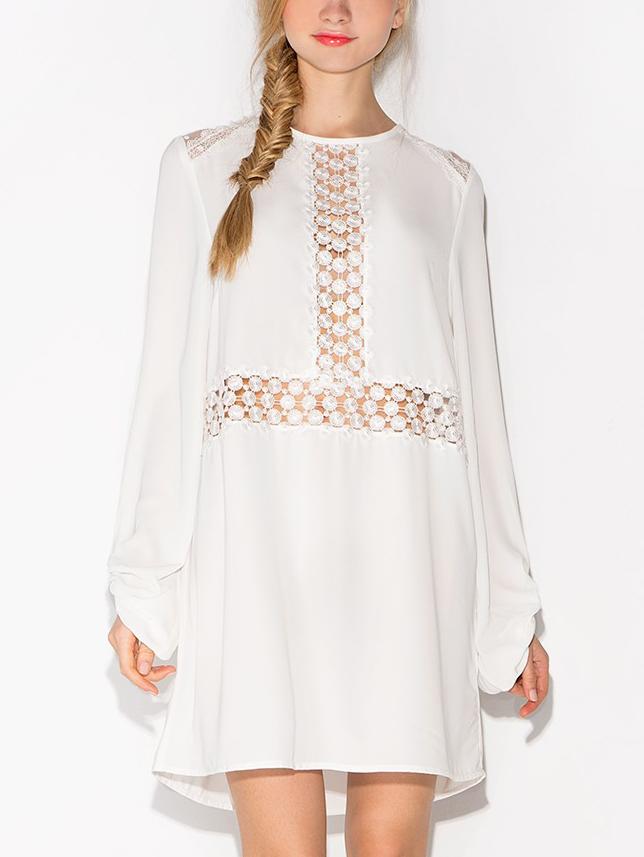 Romwe White Dotted Crochet Insert Buttoned Keyhole Dress
