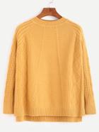 Romwe Yellow Slit Side High Low Cable Knit Sweater