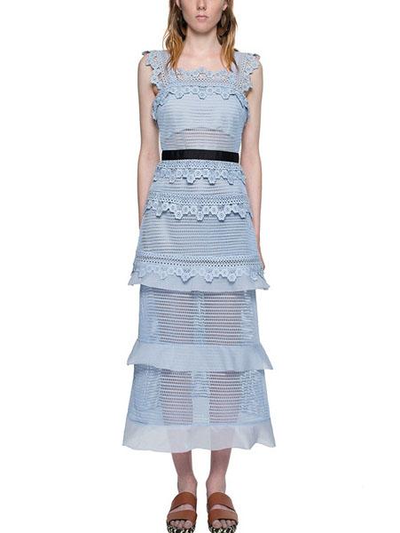 Romwe Sky Blue Sleeveless Lace Contrast Waist Dress