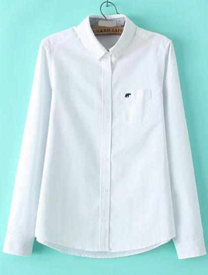 Romwe Lapel Elephant Embroidered White Blouse