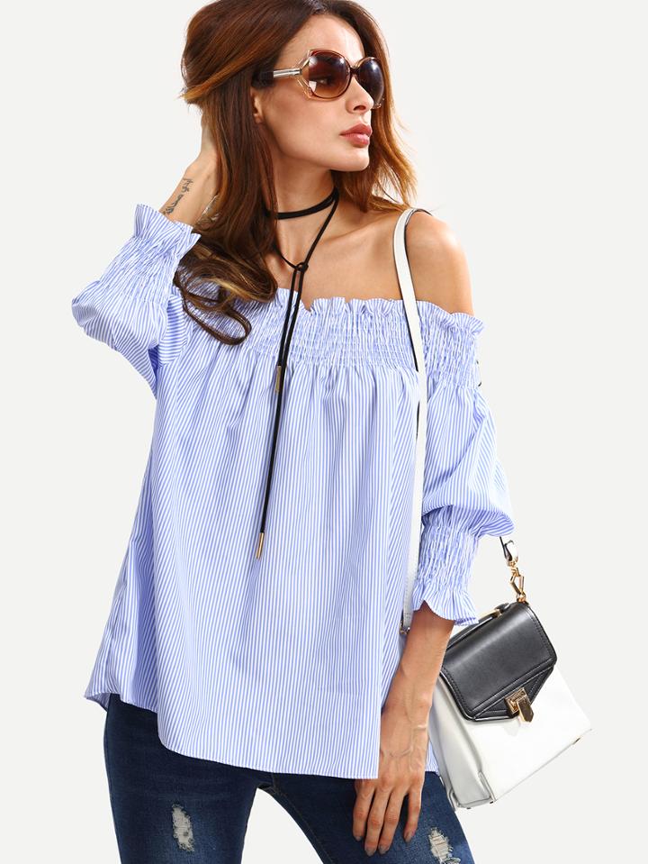 Romwe Shirred Off-the-shoulder Vertical Striped Blouse - Blue
