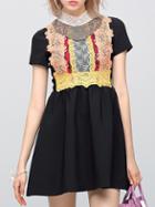 Romwe Black Contrast Crochet A-line Dress
