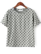 Romwe Round Neck Polka Dot Grey T-shirt