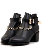 Romwe Black Pointy Buckle Strap Chain Rugged Boots