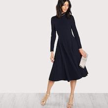 Romwe Mock Neck Button Keyhole Back Flare Dress