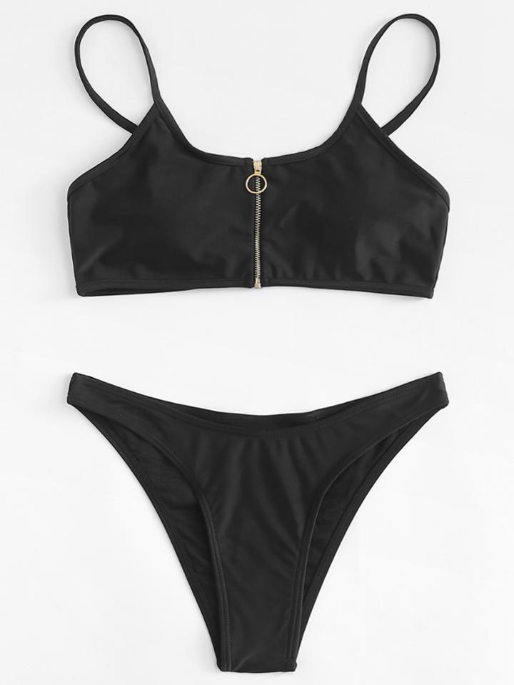Romwe Zipper Front Bikini Set