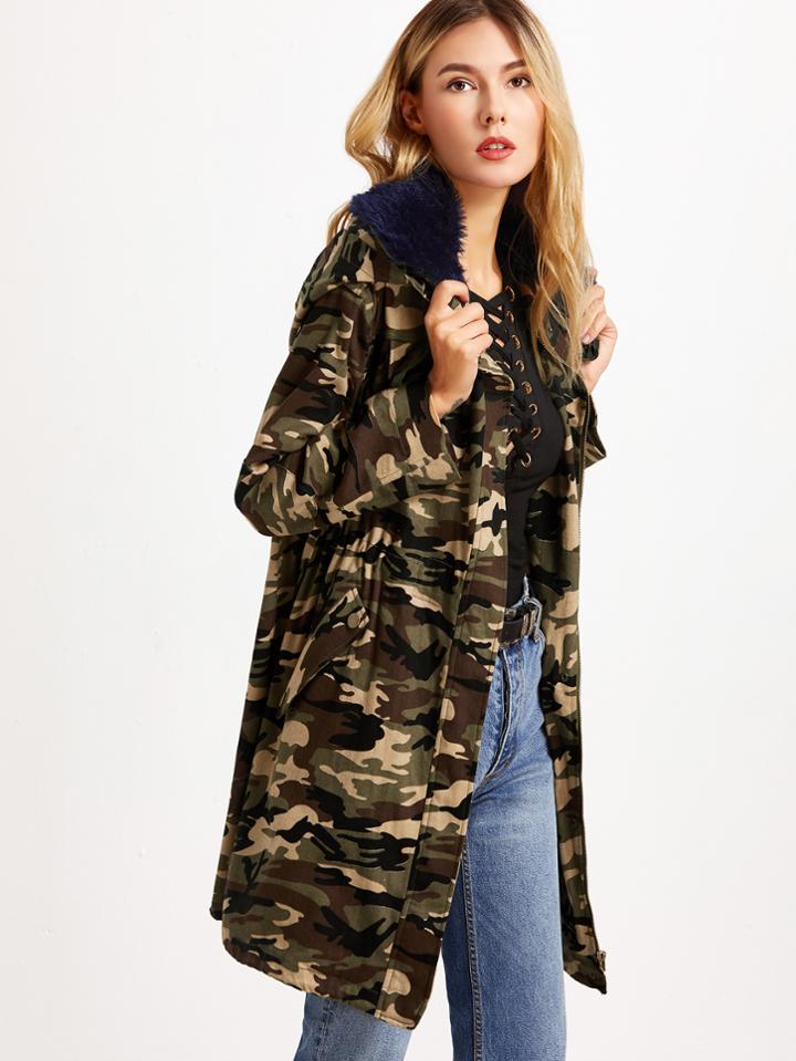 Romwe Army Green Camo Print Faux Fur Collar Hooded Utility Coat