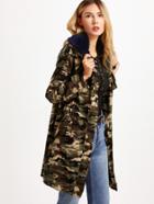 Romwe Army Green Camo Print Faux Fur Collar Hooded Utility Coat