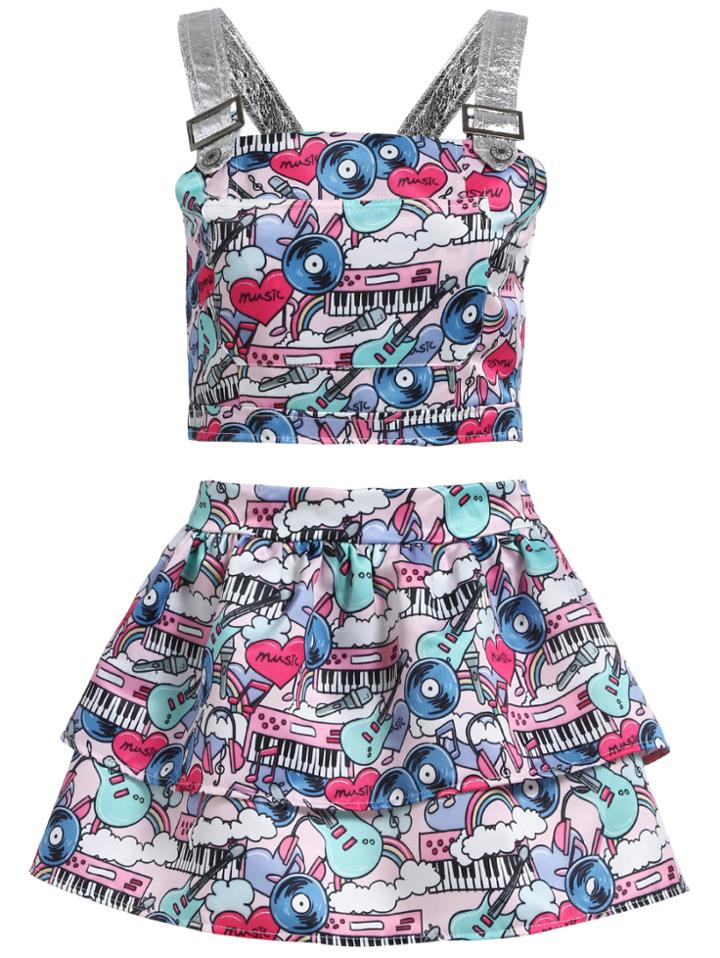 Romwe Strap Graffiti Print Top With Flare Skirt