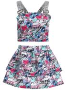 Romwe Strap Graffiti Print Top With Flare Skirt