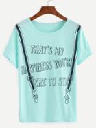 Romwe Green Strap Letters Print Banded Sleeve T-shirt