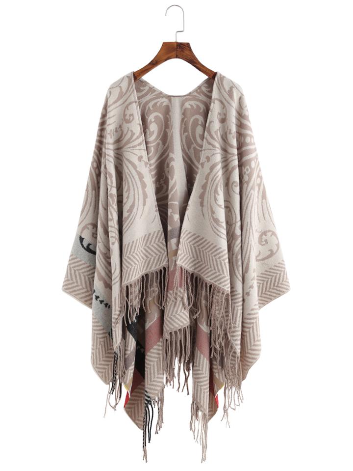 Romwe Beige Floral Print Colored Stripe Fringe Shawl Scarf