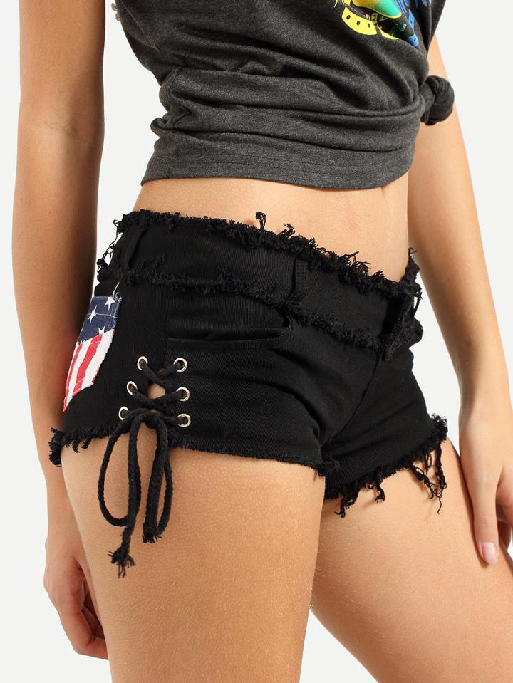 Romwe Stars And Striped Print Lace-up Mini Denim Shorts - Black