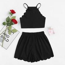 Romwe Solid Wave Trim Halter Top With Shorts