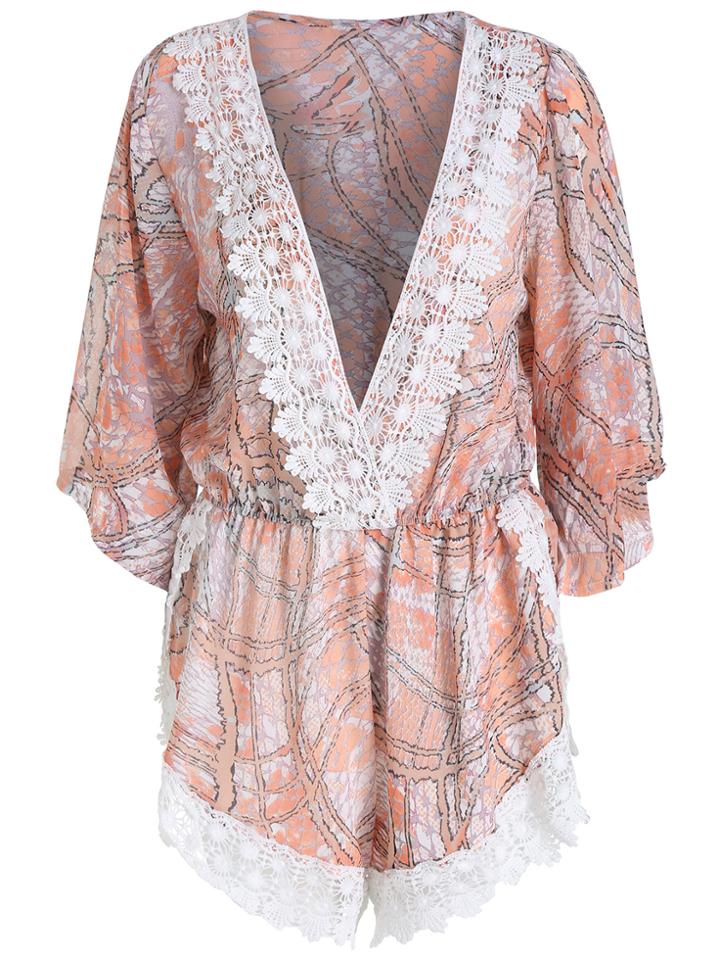 Romwe Contrast Lace Deep V Neck Print Pink Romper