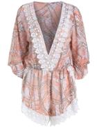 Romwe Contrast Lace Deep V Neck Print Pink Romper