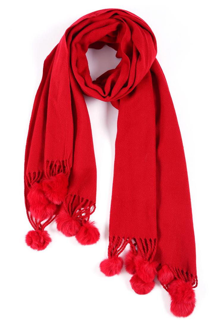 Romwe Solid Red Scarf With Fluffy Balls