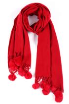 Romwe Solid Red Scarf With Fluffy Balls
