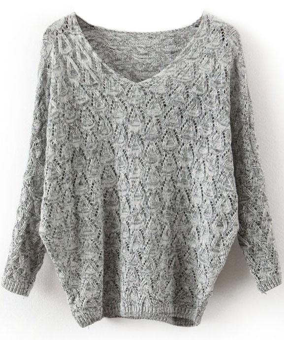 Romwe Grey V Neck Long Sleeve Hollow Sweater