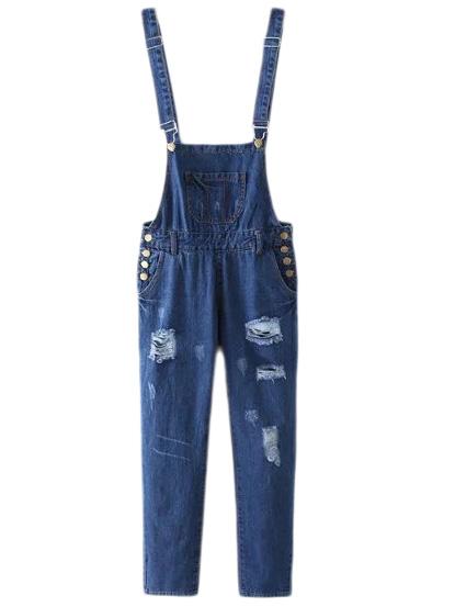 Romwe Blue Buttons Pockets Ripped Hole Denim Jumpsuit