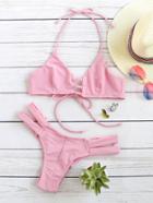 Romwe Pink Ladder Cutout Halter Bikini Set