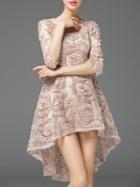 Romwe Nude Gauze Embroidered High Low Dress
