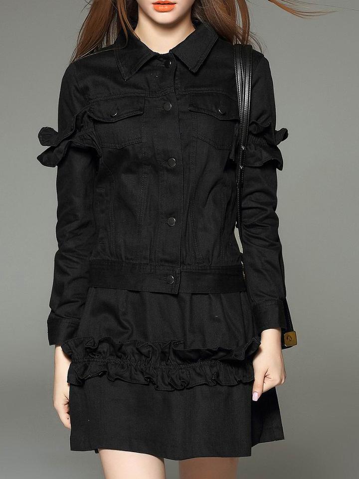 Romwe Black Lapel Pockets Ruffle Denim Dress